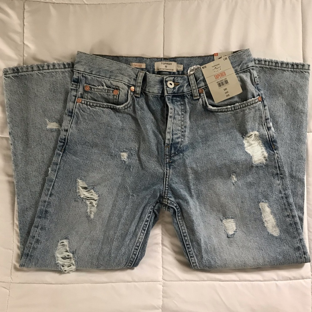 NWT Distressed Topman Denim Tapered Jeans - Picture 3 of 4